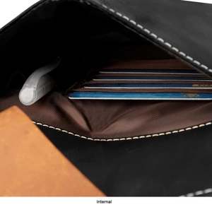 Macro detail of men's leather bag interior featuring multi-slot card holder and brown lining