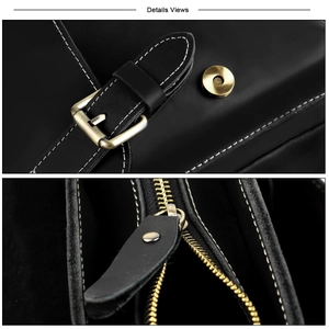 Macro shot of vintage black leather bag details with brass hardware and contrast stitching