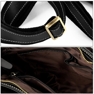 Detail of adjustable strap buckle and interior organized pockets in leather messenger bag