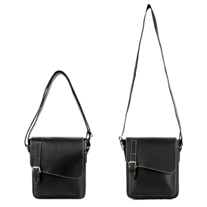 Vintage black crazy horse leather messenger bag with white stitching and brass buckle