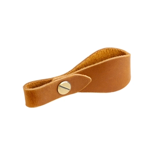 Detail of crazy horse leather furniture handle with brass screw on white background