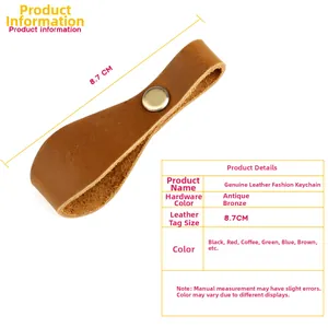 Detailed size chart of brown crazy horse leather keychain with bronze snap button