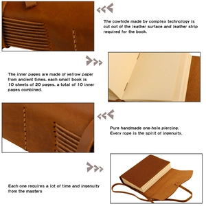 Detail view of handmade crazy horse leather notebook with vintage paper and fine stitching