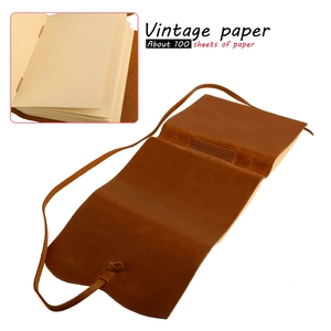 Detail of vintage brown leather notebook showing 100 sheets of retro beige paper