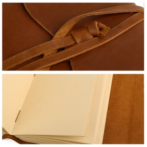 Macro detail of crazy horse leather texture and handmade strap closure on vintage journal