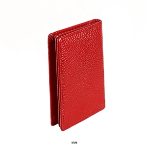 Vue latérale du portefeuille RFID en cuir rouge grainé avec plusieurs couches pliées
