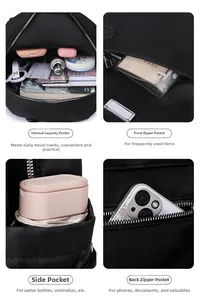 Details der mehreren Staufächer und der Innenkapazität des schwarzen Nylon-Rucksacks