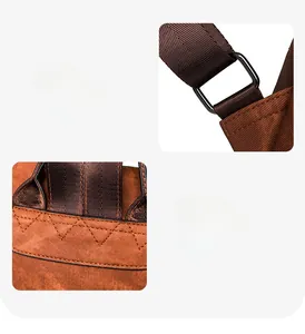 Close-up of durable black metal buckle and precise stitching on the brown backpack strap