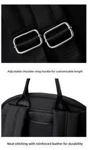Detailansicht der verstärkten Lederstellen und Metallschnallen am schwarzen Nylon-Rucksack