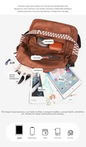 Detailed view of spacious brown PU leather backpack with ethnic strap and internal compartments