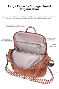 Internal view showing multiple compartments and ethnic woven strap of brown PU backpack
