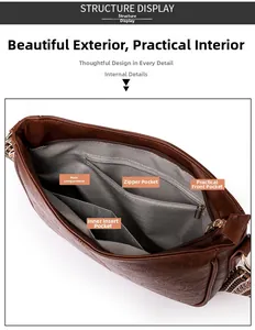 Vista dettagliata dell'interno di una borsa retrò marrone con varie tasche e fodera a spina