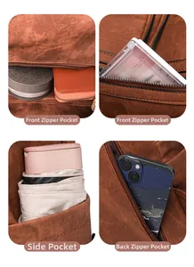 Detail view of large capacity PU leather backpack with multiple zipper pockets