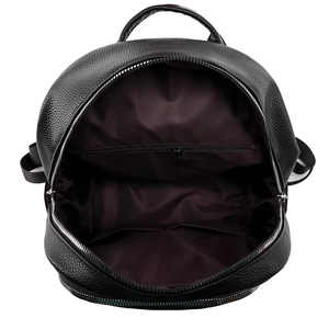 Detailed interior of black pebbled leather backpack showing pockets and brown lining