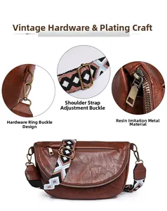 Detail of vintage brown crescent bag showing retro hardware and jacquard strap