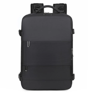 Front view of large capacity black business backpack with multi-layer zipper compartments