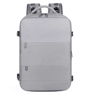 Detailed front view of grey water-resistant travel backpack with multi-layer zipper pockets