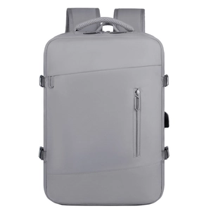 Front view of light grey business backpack featuring water-resistant fabric and hidden zipper