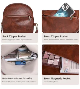 Detail view of brown vintage leather sling bag with multiple functional zip pockets