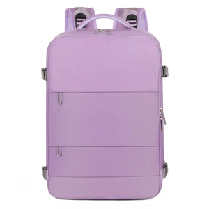 Detailed front view of purple large capacity business backpack with multi-layer zippers