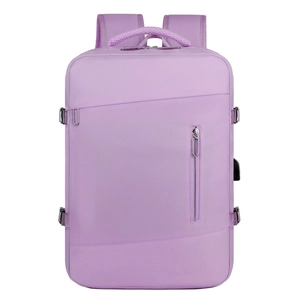 Detail view of water-resistant business backpack with side USB port in lavender purple