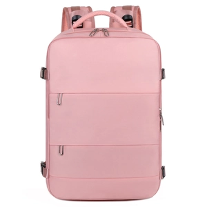 Front view of light pink travel backpack with multiple zippered compartments and side buckles