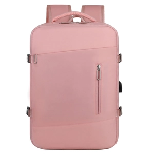 Detail of pink laptop backpack featuring USB port and breathable mesh handle for travel