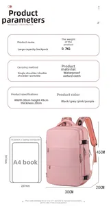 Detailed sizing chart for pink water-resistant Oxford cloth backpack with dimensions