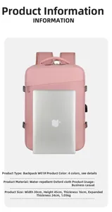 Pink waterproof oxford laptop backpack dimensions 30x45x24cm with expandable capacity