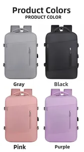 Business laptop backpacks shown in grey, black, pink, and purple with USB port detail