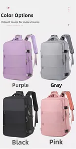 Matrix view of large business travel backpacks in purple, grey, black, and pink colors