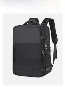 Close-up of black business laptop backpack with padded breathable mesh shoulder straps