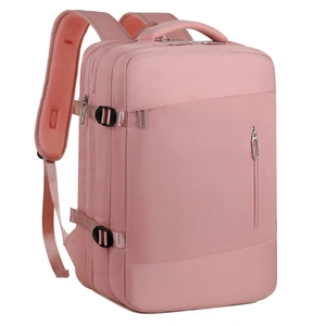Detail view of pink travel backpack with multiple compartments and ergonomic mesh straps