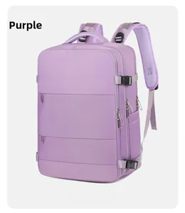 Detailed view of purple travel backpack with reinforced buckles and breathable straps