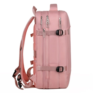 Side view of pink travel backpack featuring waterproof nylon and adjustable side buckles