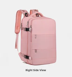 Side view of pink travel backpack featuring adjustable side buckles and layered zippers