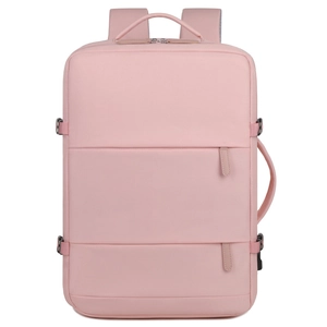 Front view of large light pink travel backpack with waterproof nylon fabric and buckles