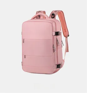 Left side view of pink travel backpack with buckle straps and durable fabric