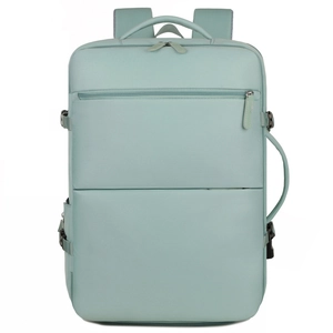 Front view of light mint green lightweight travel backpack with hidden zipper and side handle