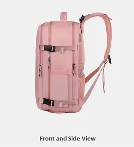 Pink large capacity travel backpack side view with breathable mesh shoulder straps