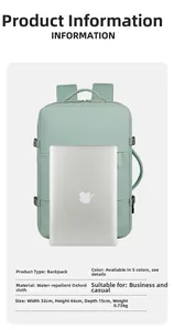 Detailed view of water-resistant mint green backpack with 15.6 inch laptop capacity