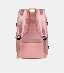 Pink travel backpack back view with breathable S-shaped straps and luggage trolley strap