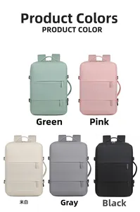 Business travel backpack color guide showing green, pink, beige, grey, and black options