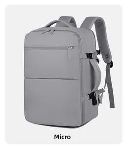 Side view of travel backpack featuring durable fabric and adjustable compression straps