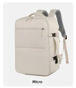 Slight side view of a large travel backpack with breathable mesh straps and buckles