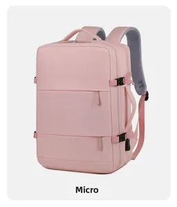 Pink multi-functional travel backpack featuring breathable mesh straps and side buckles