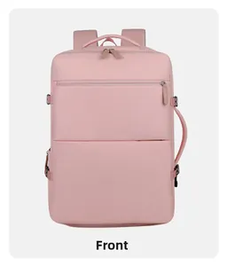 Front view of a versatile pink lightweight travel backpack with durable fabric texture