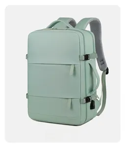 Detail view of mint green travel backpack with side buckle and breathable mesh straps
