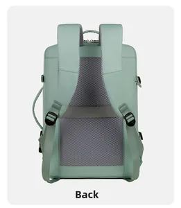 Ergonomic breathable mesh back and luggage strap of a mint green travel backpack