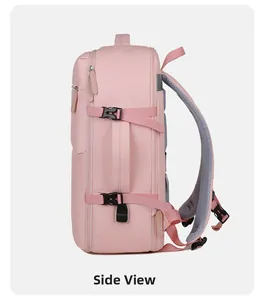Side view of pink multifunctional laptop backpack with breathable padded straps and buckle
